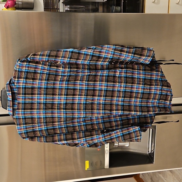 💕SAVAGE x FENTY💕 Tied-Up Tartan PJ Raw Hem Sleep Shirt Blue Plaid Small S NWT - Picture 12 of 16